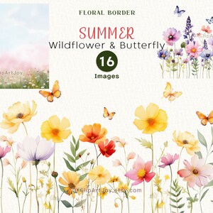 Aquarel bloemen clipart, wilde bloemen bloemen clipart, bloemen rand PNG lentebloemen png zomerbloemen digitale clipart vlinder clipart