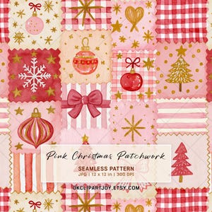 May include: A seamless digital pattern featuring a patchwork design of pink and red Christmas motifs including ornaments, snowflakes, stars, bows, and trees. The text reads Pink Christmas Patchwork SEAMLESS PATTERN JPG | 12 x 12 in | 300 DPI OKCLIPARTJOY.ETSY.COM.