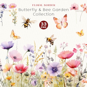 Clipart floral aquarelle, fleurs sauvages clipart, bordure florale PNG papillon abeille fleurs de printemps png fleurs d'été clipart numérique