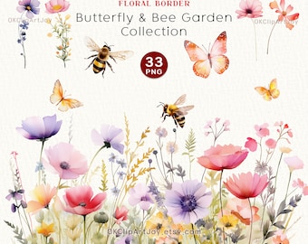 Watercolor Floral Clipart, Wildflowers floral clipart, Floral border PNG Butterfly Bee Spring Flowers png Summer flowers Digital clipart