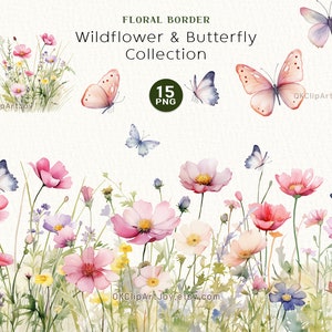 Watercolor Floral Clipart, Wildflowers floral clipart, Floral border PNG Spring Flowers png Summer flowers Digital clipart Butterfly Clipart