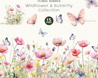 Watercolor Wildflower Clipart: Floral Borders & Butterflies (PNG Digital Download)