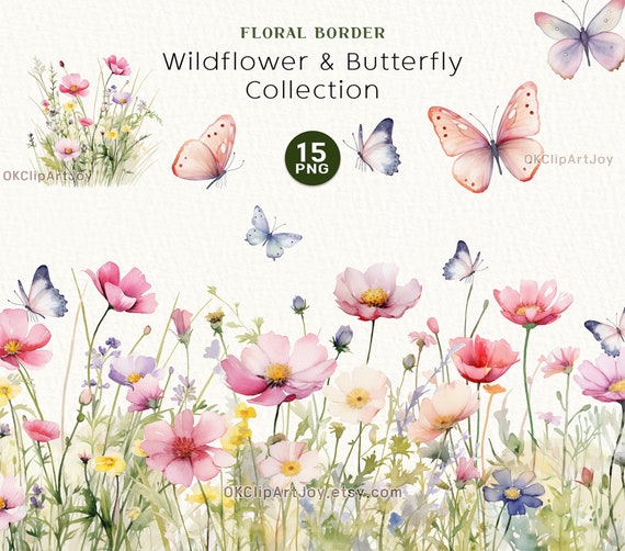Watercolor Wildflower Clipart: Floral Borders & Butterflies (PNG Digital Download)