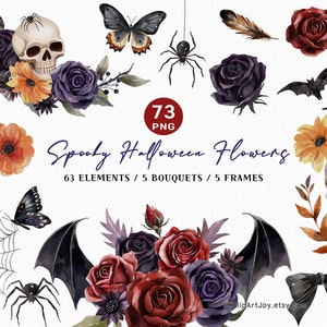 Spooky Halloween Clipart, Fleurs aquarelles, Arrangements floraux, Cadre aquarelle, Conception de chemise squelette grotesque, Invitation d’automne Boho