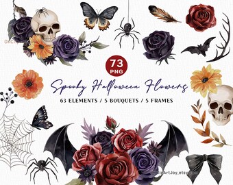 May include: A set of 73 spooky Halloween flower digital illustrations. The set includes black bats, spiders, skulls, roses, and butterflies. The illustrations are painted in watercolor and have a dark and whimsical feel.