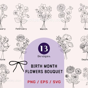Pacchetto di bouquet di fiori del mese di nascita Svg, fiore Svg, floreale Svg, fiore di nascita, bouquet, fiore, tatuaggio, Svg, PNG, collana, maglietta floreale, botanico