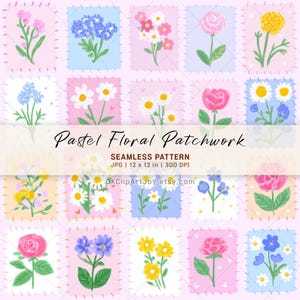 May include: A pastel floral patchwork seamless pattern featuring various flowers on pink and blue squares. The image includes text that reads "Pastel Floral Patchwork" and "OKClipArtJoy.etsy.com". The pattern is 30.48 x 30.48 cm.