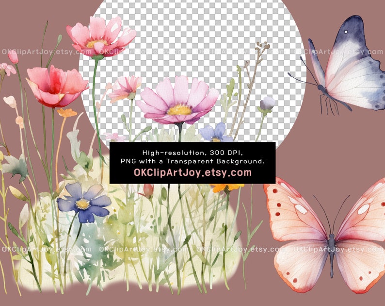 Watercolor Floral Clipart, Wildflowers floral clipart, Floral border PNG, Spring Flowers png, Summer fall flowers Digital clipart invitation