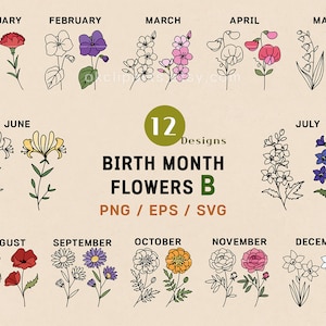 Fleur de naissance SVG, fleur du mois de naissance, anniversaire svg, Svg coquelicot, dessin au trait floral, fleur de naissance Png, Bundle Svg ensemble création d'étiquettes de logo botanique
