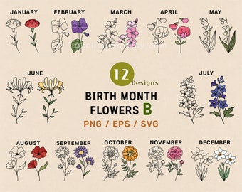 Birth Flower SVG, Birth Month Flower, Birthday svg, Poppy Svg, Floral Line Art, Birth Flower Png, Svg Bundle Set Logo Label Design Botanical