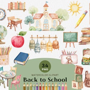 Peut inclure: Ensemble de cliparts aquarelle sur le thème de l'école. Comprend une école, une horloge, un globe, des livres, des crayons, des sacs à dos et le texte "Back to School". L'image a une palette de couleurs pastel.