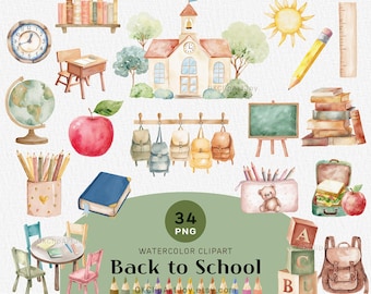 May include: Watercolor clipart set featuring school-themed illustrations. Includes a schoolhouse, clock, globe, books, pencils, backpacks, and the text "Back to School". The image has a soft, pastel color palette.
