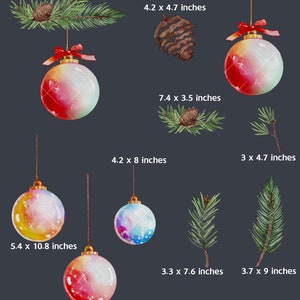 Puede incluir: Un conjunto de ilustraciones de acuarela con adornos navide&ntilde;os, ramas de pino y pi&ntilde;as. Los adornos son de varios tonos de rojo, amarillo y azul con reflejos blancos. Las ramas de pino son verdes con pi&ntilde;as marrones.