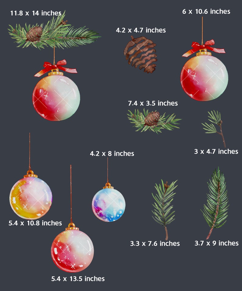 Puede incluir: Un conjunto de ilustraciones de acuarela con adornos navide&ntilde;os, ramas de pino y pi&ntilde;as. Los adornos son de varios tonos de rojo, amarillo y azul con reflejos blancos. Las ramas de pino son verdes con pi&ntilde;as marrones.