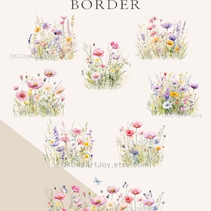 Watercolor Floral Clipart, Wildflowers floral clipart, Floral border PNG, Spring Flowers png, Summer fall flowers Digital clipart invitation