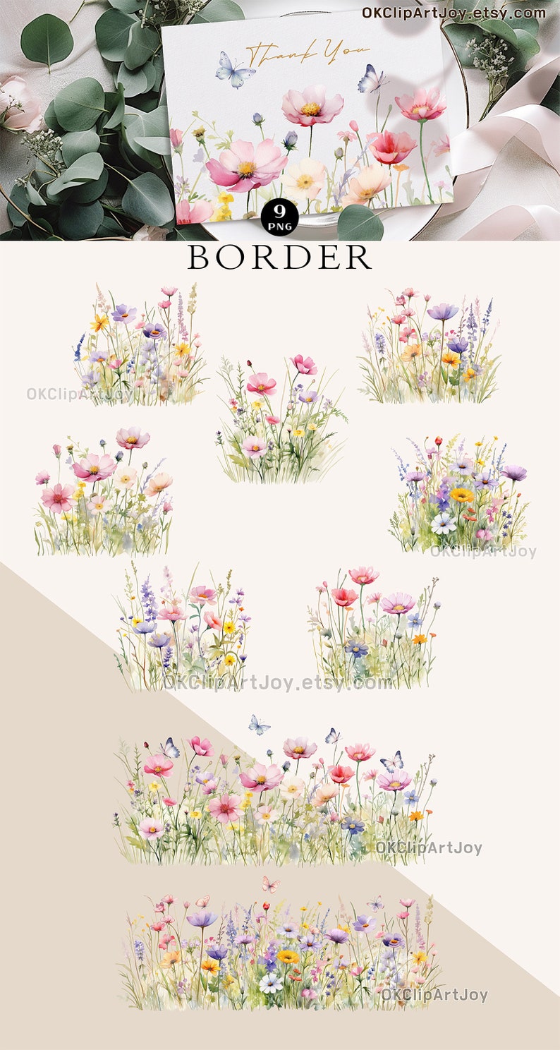 Watercolor Floral Clipart, Wildflowers floral clipart, Floral border PNG, Spring Flowers png, Summer fall flowers Digital clipart invitation