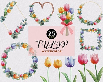 Tulips Clipart, Watercolor Flowers, Spring Floral Wreath, Watercolor Tulips, Watercolor Spring Floral Cards Spring Pink Tulip Floral Clipart