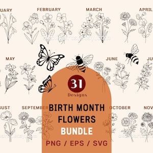 Flor do mês de nascimento, buquê de flores, flor de nascimento svg, tatuagem de flor de nascimento, desenho de tatuagem png, conjunto de pacotes Svg, colar de flores flores silvestres svg