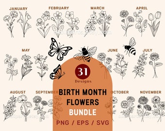 Fiore del mese di nascita, bouquet di fiori, fiore di nascita svg, tatuaggio fiore di nascita, disegno del tatuaggio png, set di bundle Svg, collana di fiori Wildflower svg