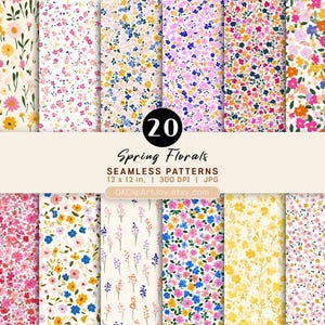 May include: A collection of 20 seamless digital patterns featuring various spring floral designs in shades of pink, yellow, blue, and green. The text reads 20 Spring Florals SEAMLESS PATTERNS 12 x 12 in. 300 DPI JPG OKClipartJoy.etsy.com.