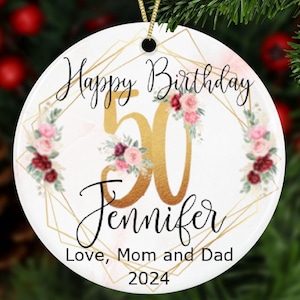 Personalized 50th Milestone Birthday Ornament With Exclusive Flowers, Custom Names Keepsake For Her With Gold Numbers, 50 Years Old
