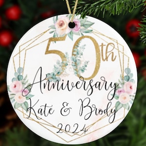 Personalized 50th Anniversary Ornament With Exclusive Flowers, Custom Names Gold Wedding Anniversary Keepsake With Date, 50 Years Together