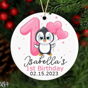 Personalized First Birthday Ornament For Girls, Custom Name Baby&#39;s 1st Birthday Keepsake With Cute Penguin Girl