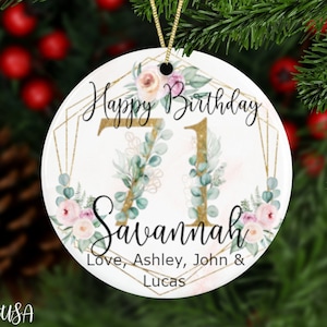 Personalized 71st Birthday Ornament With Exclusive Flowers, Custom Name Birthday Keepsake For Her With Gold Numbers, 71 Years Old