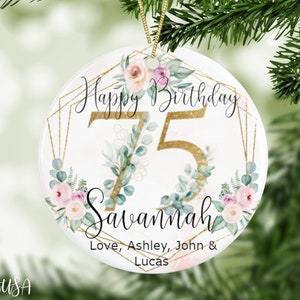 Personalized 75th Milestone Birthday Ornament With Exclusive Flowers, Birthday Keepsake For Her With Gold Numbers