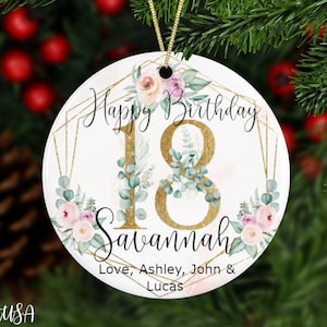 Personalized 18th Milestone Birthday Ornament With Exclusive Flowers, Birthday Keepsake For Her With Gold Numbers, 18 Years Old