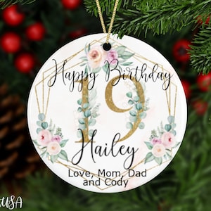Personalized 19th Milestone Birthday Ornament With Exclusive Flowers, Birthday Keepsake For Her With Golden Numbers, 19 Years Old