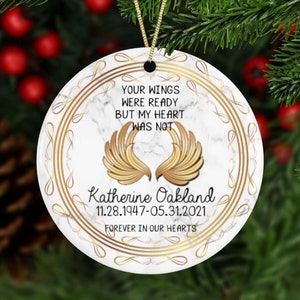 Personalized Memorial Ornament, Custom Name Memorial Keepsake With Gold Wings and Marble Background, Sympathy Gift