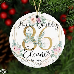 Personalized 86th Milestone Birthday Ornament With Exclusive Flowers, Birthday Keepsake For Her With Gold Numbers