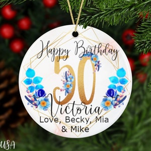 Personalized 50th Milestone Birthday Ornament With Exclusive Blue Flowers, Custom Name Gold Number Birthday Keepsake, 50 years