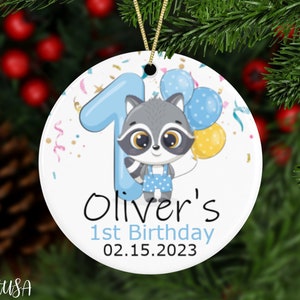 Personalized First Birthday Ornament For Boys, Custom Name Babys 1st Birthday Keepsake With Cute Raccoon Boy, Babys First Gift