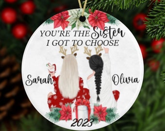 Personalized Sister Ornament, Custom Name Sister Keepsake for Christmas, Best Friend Ornament, Christmas BFF Keepsake with Poinsettia