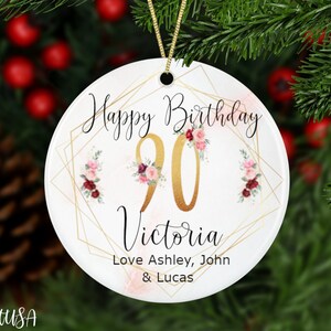 Personalized 90th Milestone Birthday Ornament With Exclusive Flowers, Custom Names Birthday Keepsake For Her On Marble