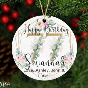 Personalized 77th Birthday Ornament With Exclusive Flowers, Custom Name Birthday Keepsake For Her With Gold Numbers