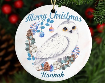 Personalized Christmas Snow Owl Ornament, Custom Name Gift Ornament For Christmas With Beautiful White Snow Owl