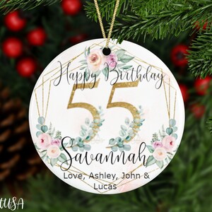 Personalized 55th Milestone Birthday Ornament With Exclusive Flowers, Birthday Keepsake For Her With Gold Numbers, 55 Years Old