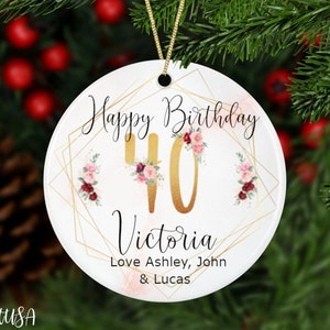 Personalized 40th Milestone Birthday Ornament With Exclusive Flowers, Custom Names Birthday Keepsake For Her On Marble, 40 Years Old