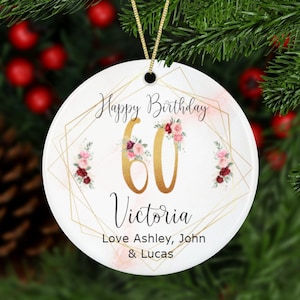 Personalized 60th Milestone Birthday Ornament With Exclusive Flowers, Custom Names Birthday Keepsake With Gold Numbers