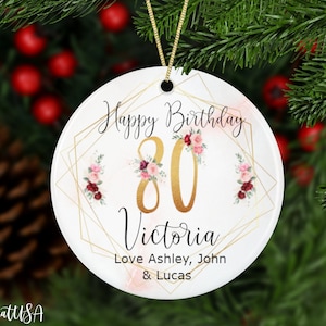 Personalized 80th Milestone Birthday Ornament With Exclusive Flowers, Custom Names Birthday Keepsake With Gold Numbers