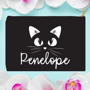 Personalized Cat Cosmetic Bag, Custom Name Black Cat Accessory Pouch For Best Friend, Kitty Zipper Pencil Bag For Her