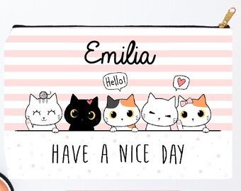 Personalized Cute Cats Cosmetic Bag, Custom Name Have A Nice Day Accessory Pouch With Zipper For Her, Cat Pencil Holder