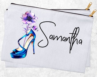 Personalized Luxury Blue High Heel and Flower Cosmetic Bag, Custom Name Floral Makeup Bag, Bridesmaid Accessory Pouch