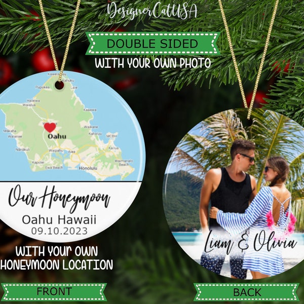 Honeymoon Ornament With Photo, Personalized Honeymoon Location Ornament for Couple, Gift for Newlyweds, Personalized Christmas