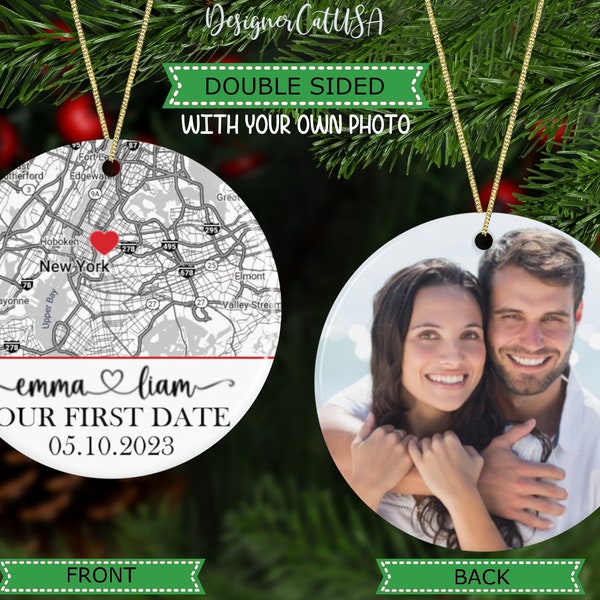 Our First Date Photo Ornament With Map, Personalized Photo Gift For Couple, Anniversary Ornament With Photo, Where It All Began