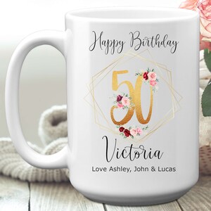 Personalized 50th Milestone Birthday Mug With Exclusive Flowers, 11 or 15 oz, Custom Name Gold Number Birthday Gift, 50 Years