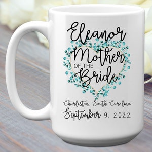 Mother Of The Bride Mug With Green Leaves, 11 or 15 oz, Personalized Eucalyptus Wedding Party Gift With Wedding Date, Gift For Mom